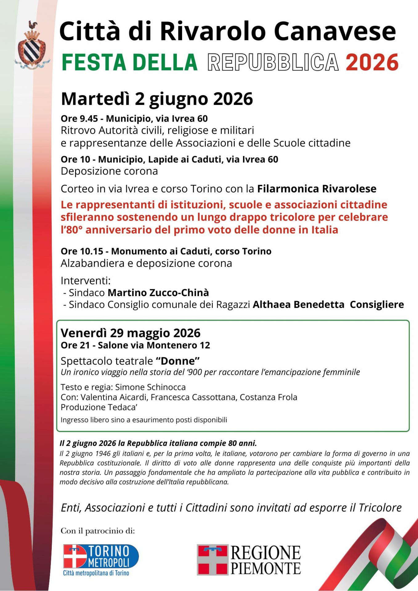 Manifesto istituzionale 2 giugno 2026 - Festa della Repubblica a Rivarolo Canavese
